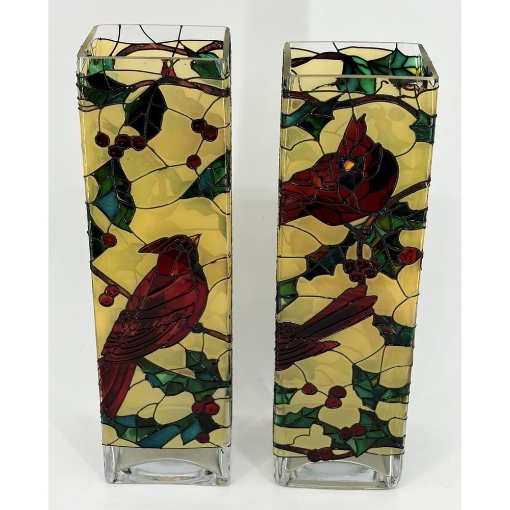 Pair of Joan Baker Christmas Cardinal Winter Vases Stained Glass Hand Painted